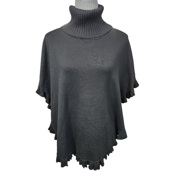 Joseph A Sweater Cape Black Ribbed Turtleneck Scalloped Pullover Womens Small - Picture 1 of 10
